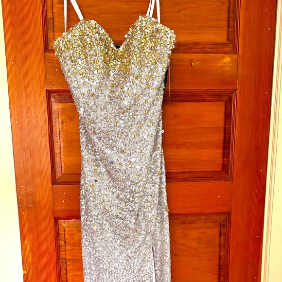 Silver Sequin Strapless Gown - Picture 1 of 6